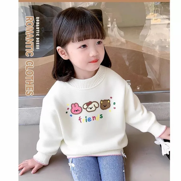 女童毛衣一体卡通绣花加绒加厚毛衣秋冬洋气儿童宝宝针织打底外搭