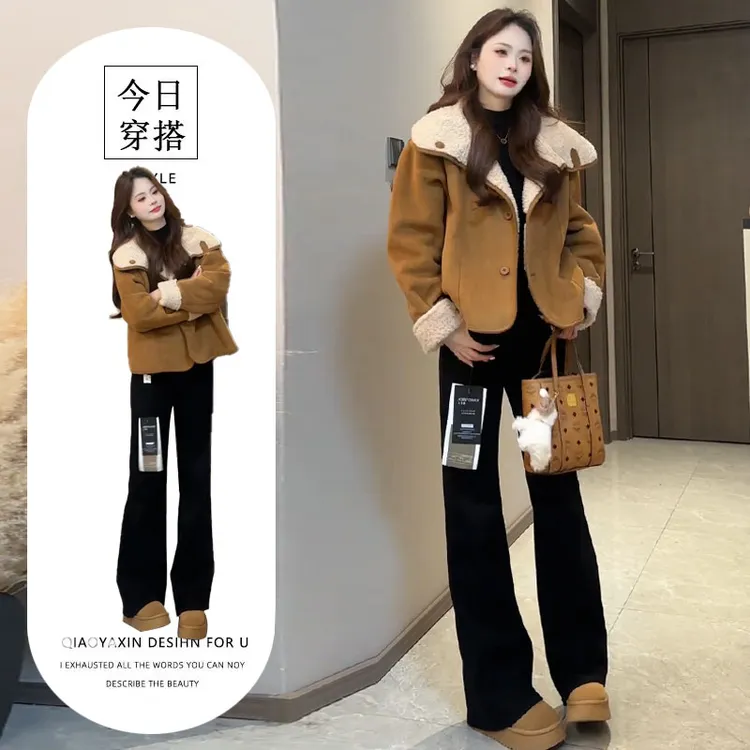 2025超火冬装小香风皮毛一体双面穿加绒加厚保暖外套长裤两件套装