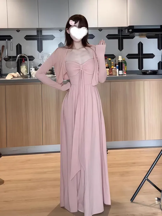 浅粉漫姿 纯欲风性感蝴蝶结吊带连衣裙A字裙长裙（自带胸垫）