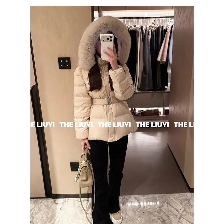 2025新款韩国连帽收腰羽绒服女短款冬季修身显瘦大毛领白鸭绒外套