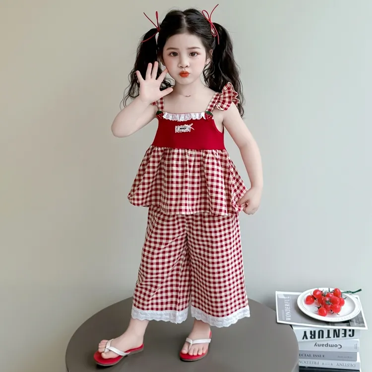 女童格子花边套装2025新款儿童夏装韩版洋气宝宝夏季阔腿裤两件套