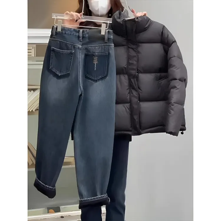 梨形身材2025大码撞色哈伦牛仔裤女胖妹妹秋季加绒加厚阔腿萝卜裤