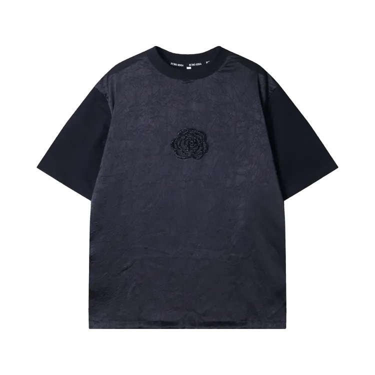 早春新款时尚个性拼接撞色玫瑰褶皱圆领短袖T恤高街潮流套头上衣