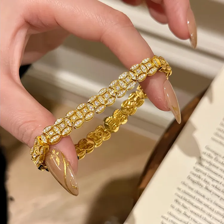 铜合金手链 爆闪金色铜钱手链复古轻奢小众设计高级感钱多多手饰