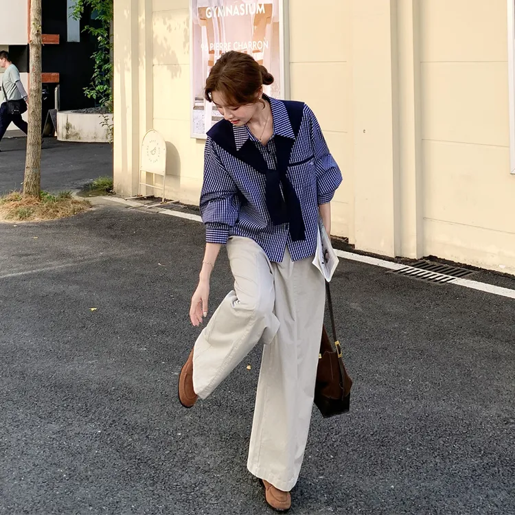松弛感韩系ins格纹衬衫阔腿裤2025春秋新款气质显瘦简约通勤套装