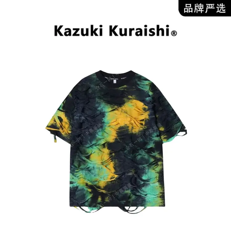 仓石一树半袖夏季新款做旧扎染流苏男士短袖百搭潮流休闲上衣宽松