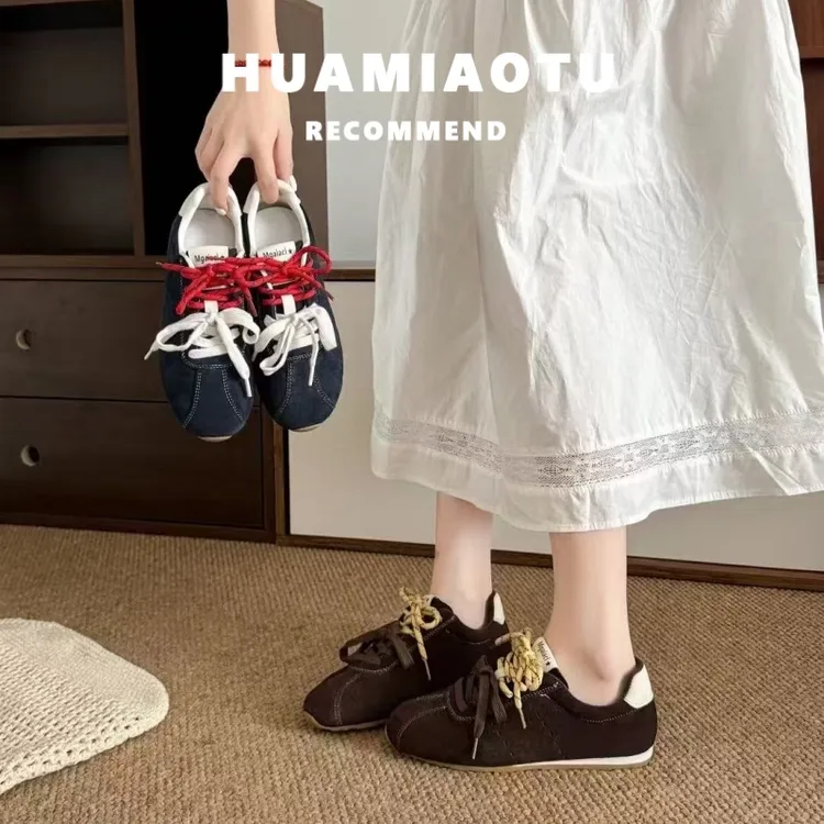 全真皮~复古德训鞋女2025年新款时尚百搭休闲平底系带运动阿甘鞋