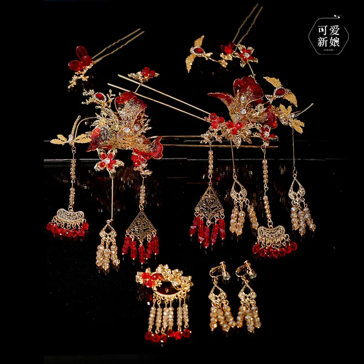 秀禾新娘中式头饰减龄大气红金水凝花朵发簪龙凤褂造型发饰Q002