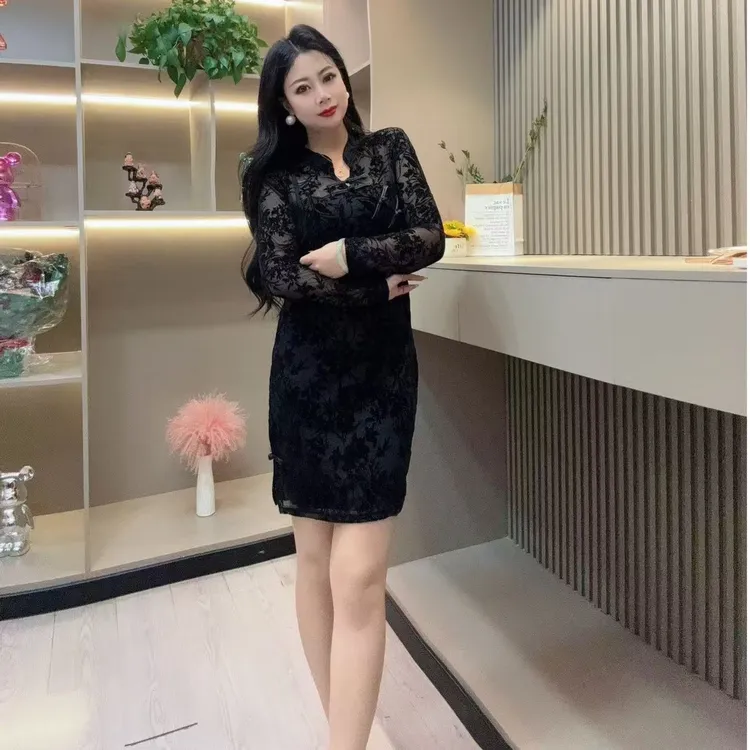 冬季连衣裙-冠 7063时尚纯欲风收腰印花设计款胖MM大码女装新款