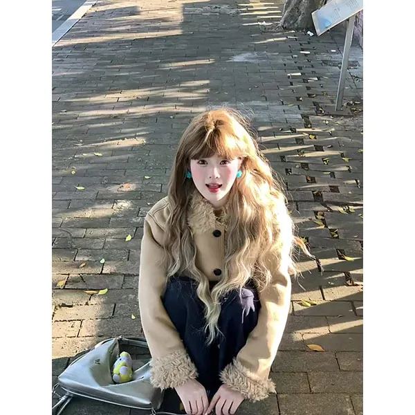美式复古皮毛一体外套女冬季新款韩系麂皮绒保暖加厚保暖短款上衣