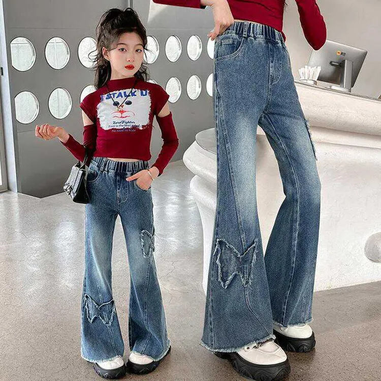 潮走女童喇叭裤春夏款2025新款牛仔裤儿童洋派中大童女孩裤子早秋