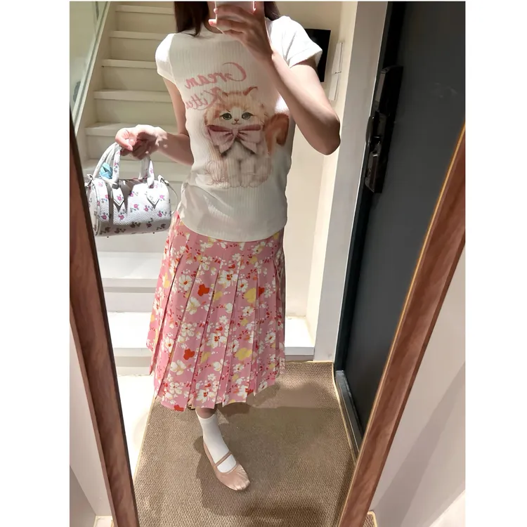 美式复古粉色碎花半身裙女可爱猫咪T恤2025春夏新款百褶裙两件套