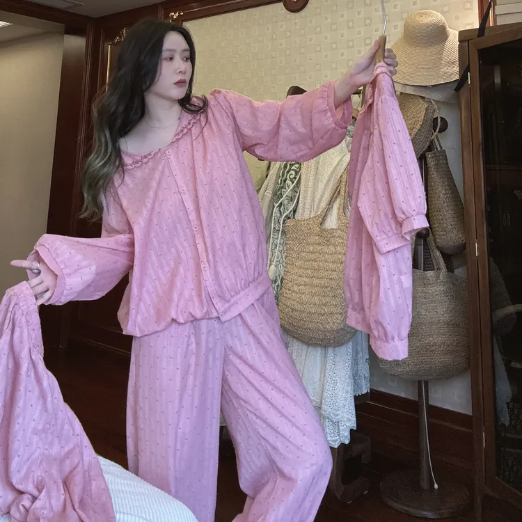 短袖夏季长袖秋季甜美法式小清新粉色刺绣家居服睡衣套装舒适透气