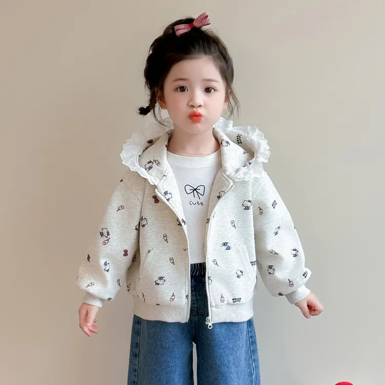 女童外套春秋装2025新款儿童花边连帽上衣洋气女宝宝kt猫休闲开衫
