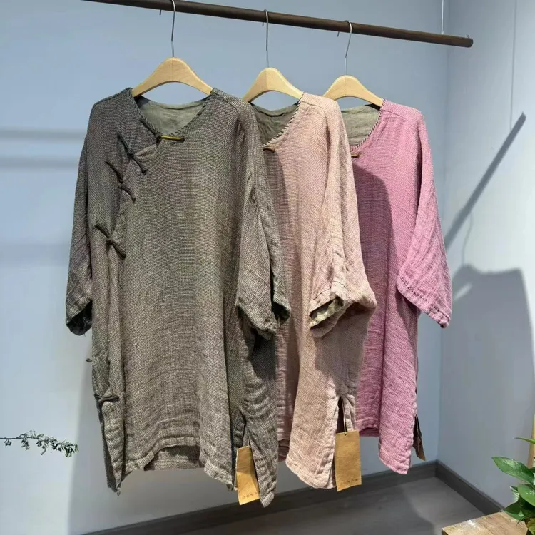 衣牧了然250323色织粗麻斜襟盘扣手工袍子