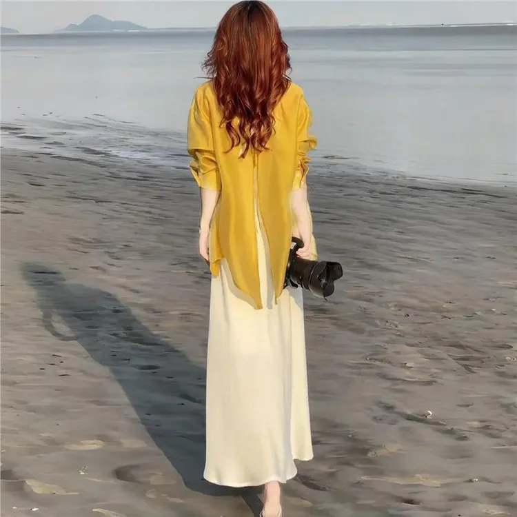 2025夏季新款女士纯色百搭开叉连衣裙子防晒衬衫后背绑带上衣套装