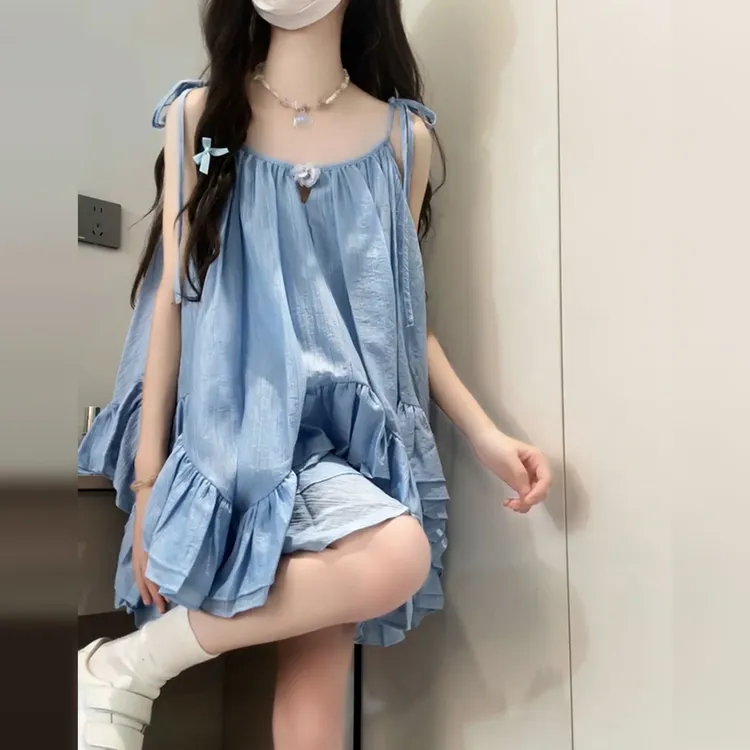 蓝色吊带连衣裙子女装2025夏季新款小个子海边度假风套装半身短裙