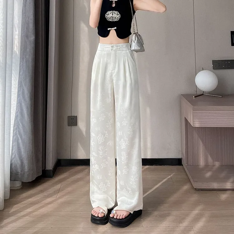 缎面提花冰丝阔腿裤女款爆款2025秋季款新中式国风防晒醋酸直筒裤