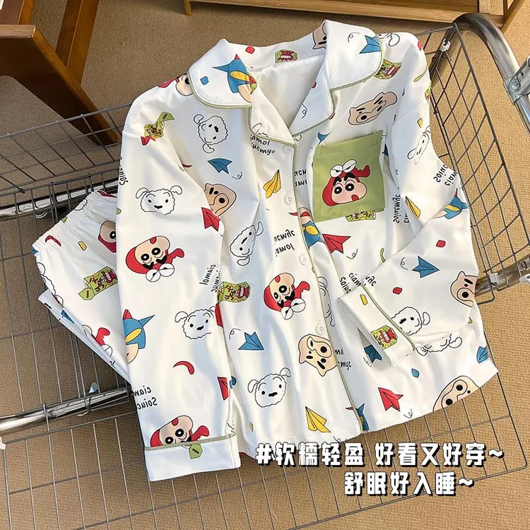 日系ins风蜡笔小新睡衣女春秋季云朵棉绸长袖夏天可爱家居服套装
