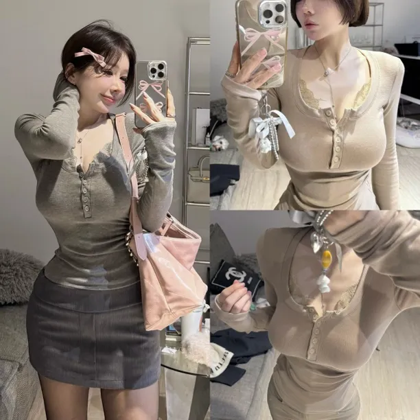 韩版咖色性感蕾丝拼接磨毛针织打底衫女修身显瘦亨利领内搭上衣