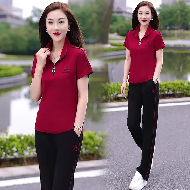 2025夏季新款冰丝运动服套装女洋气显瘦短袖直筒裤休闲时尚套装