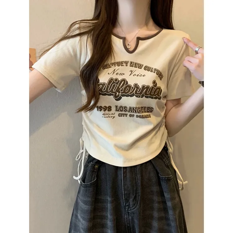 大码美式印花正肩短袖t恤女夏季胖mm遮肚设计感抽绳显瘦短款上衣