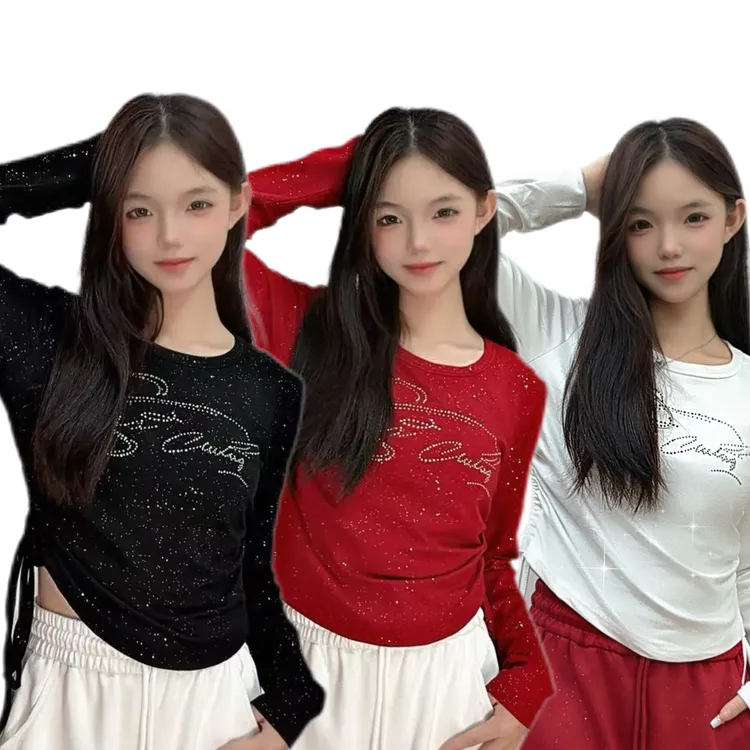 【须尽欢】广场舞上装亮片烫钻上衣双抽绳修身显瘦舞蹈服百搭C218