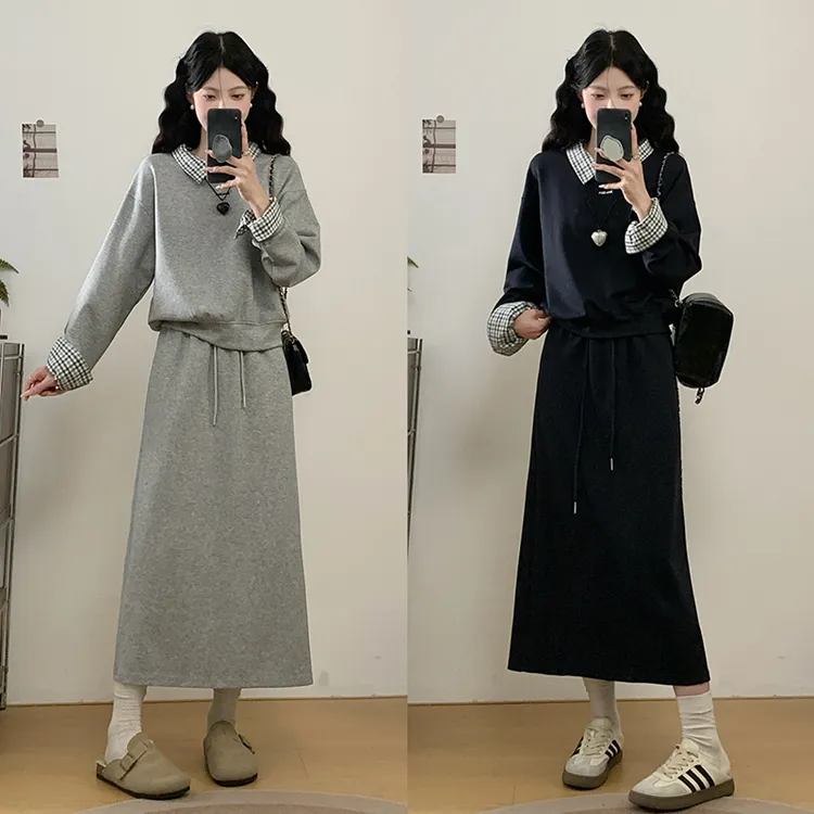 2025秋装新款胖mm大码女韩系休闲拼接套头卫衣半身裙套装36032