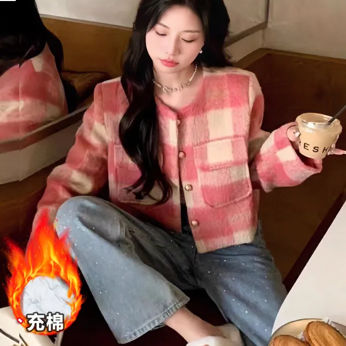 加厚秋冬长袖格纹设计感短款时尚毛呢小香风外套格子呢子外套女