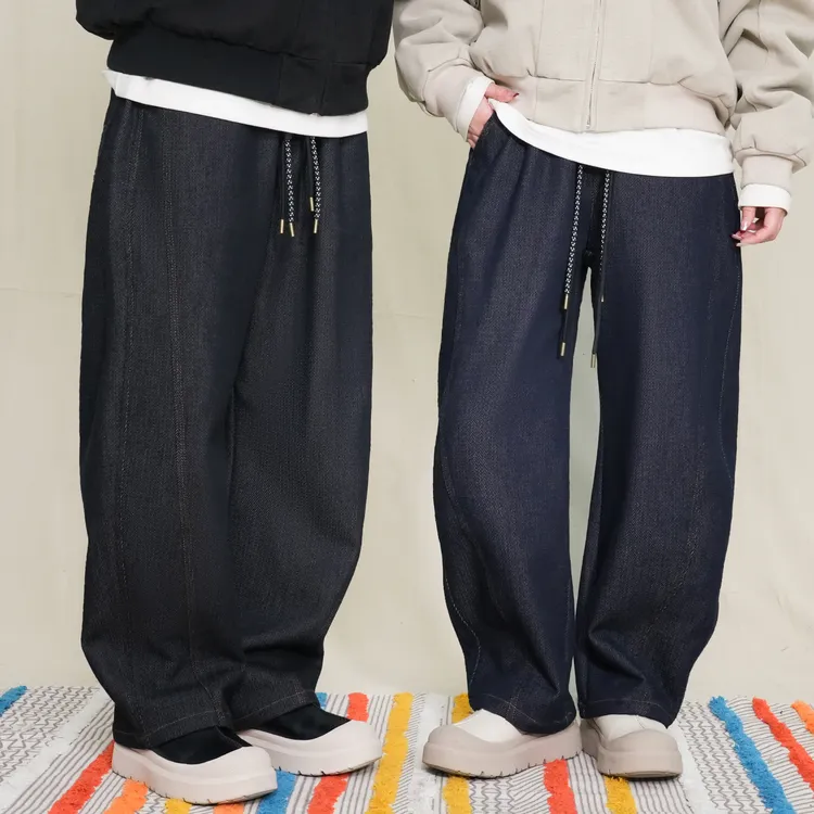 青式【山岚】秋季宽松休闲百搭复古三本线双抽绳牛仔裤长裤男女同款