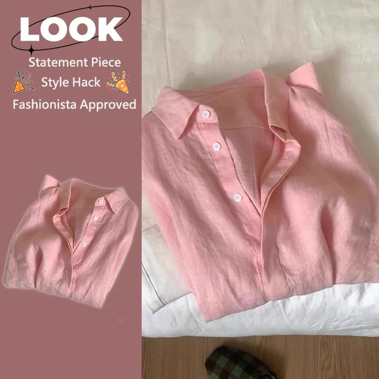 深圳南油轻奢高端货~粉色防晒衬衫女2025新款春季Polo领棉麻衬衣