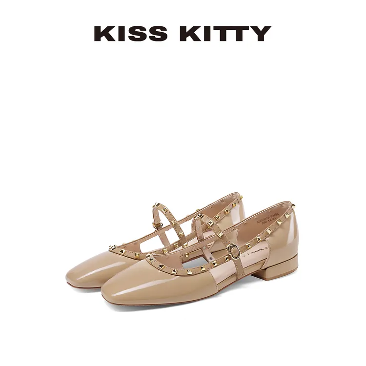 KISSKITTY玛丽珍凉鞋女25年夏季时尚铆钉方头中空凉鞋舒适软底