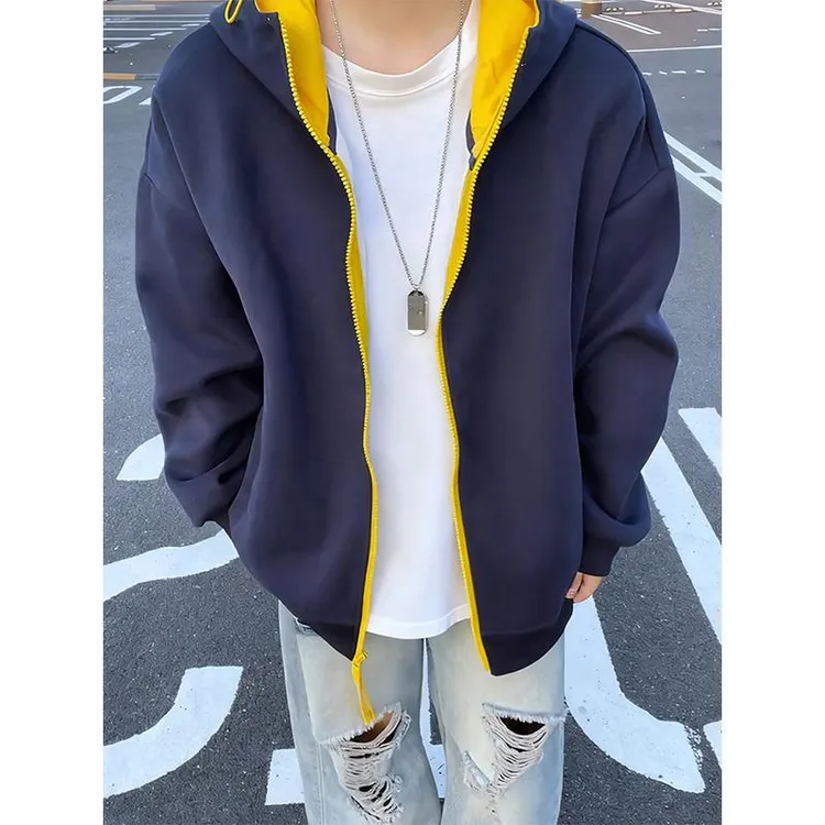 藏青色拼色开衫卫衣男秋季潮牌重磅硬挺连帽衫青少年美式情侣外套