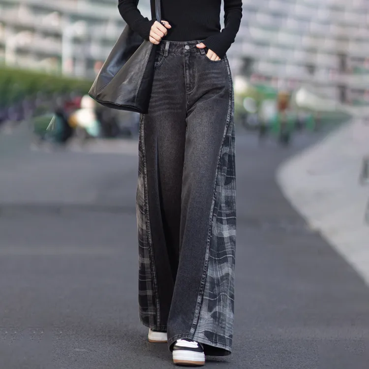 简约通勤格子拼接牛仔裤秋冬新款高腰宽松休闲显瘦时尚百搭阔腿裤