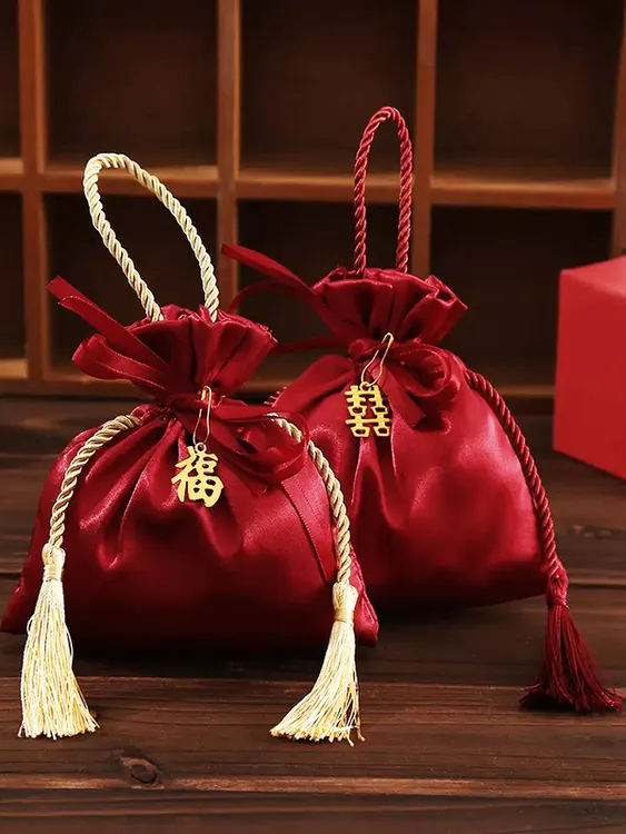 布艺福袋抽绳束口百福压岁礼品袋免折叠手提袋福字袋锦囊红色布袋