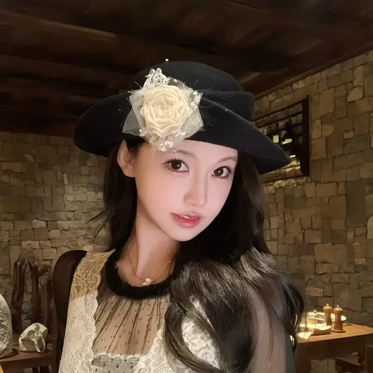 秋冬新款法式赫本风蕾丝花朵千金帽帽子女时尚复古渔夫帽显脸小潮