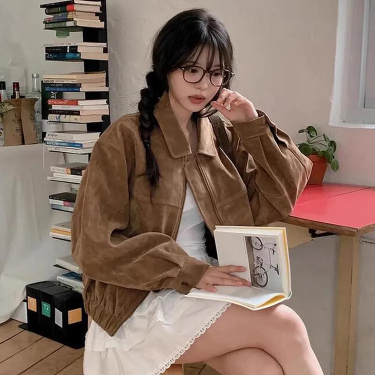 韩国秋季复古美拉德翻领仿鹿皮绒宽松百搭机车服夹克短外套女