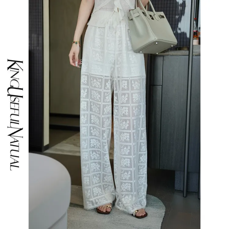 KUN【街拍裤】秩序蕾丝 新颖方形格纹蕾丝定制花型夏日凉感阔腿长裤
