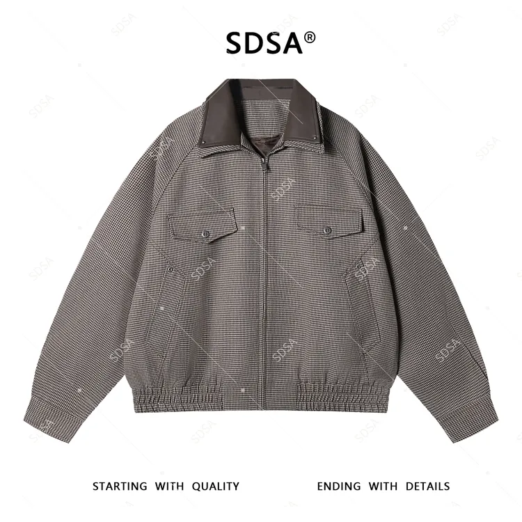 SDSA夏季新款男士痞帅美式复古拼接撞色翻领夹克小众千鸟格外套潮