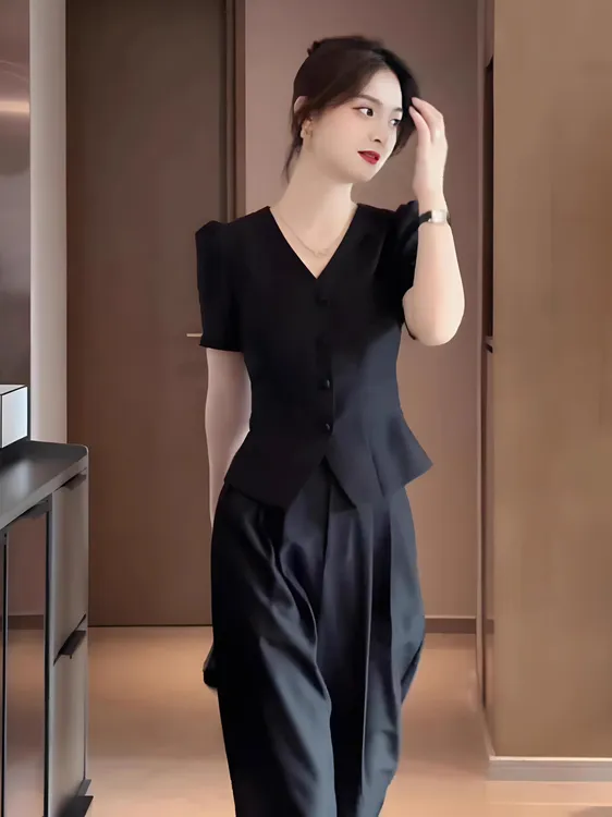 胖mm韩版高级设计感职业套装女大码短袖西装高腰直筒阔腿裤两件套