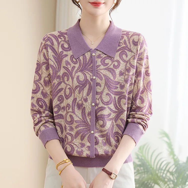 洋气妈妈秋装新款长袖T恤上衣中老年女装春秋翻领打底小衫外穿