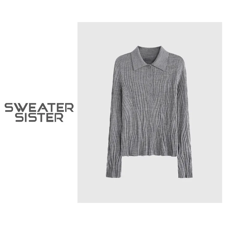 韩系Polo领长袖羊毛针织衫修身显瘦气质毛衣上衣女6688-8815