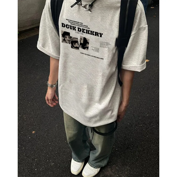 美式潮牌动漫字母印花短袖T恤男夏季设计感百搭宽松重磅纯棉上衣