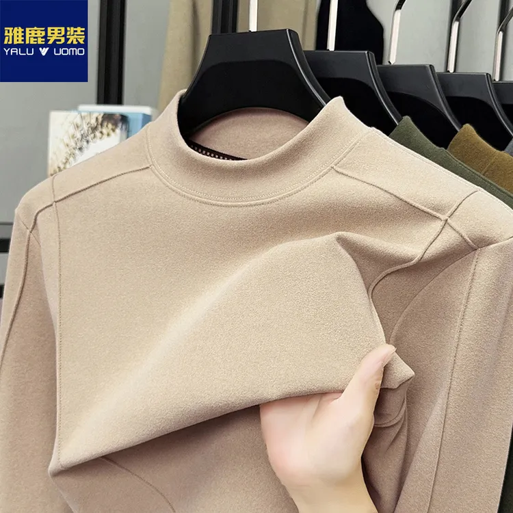 雅鹿男装2025秋冬季双面德绒长袖t恤保暖男上衣半高领打底衫卫衣