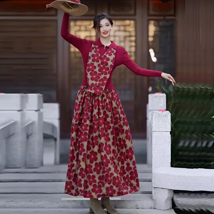 亚麻棉花色印花套装裙女2026春季新款修身针mm夏季纯欲半身裙套装