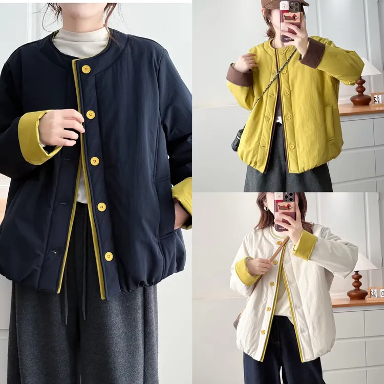 大码棉衣拼接宽松外穿常规长袖圆领立领两面常规款棉服Y2588