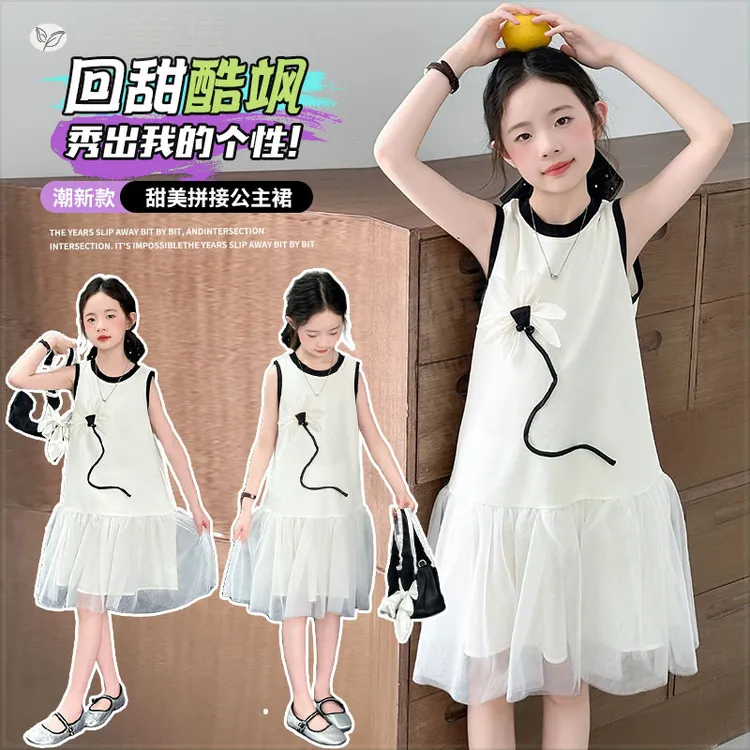 女童夏季洋气时尚甜美韩版无袖连衣裙2025新款棉面料公主风立体花