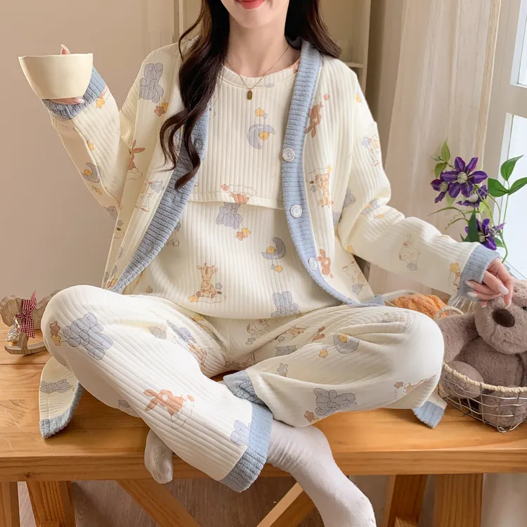 三件套空气棉月子服秋冬季产后孕妇睡衣产妇哺乳喂奶衣加厚保暖