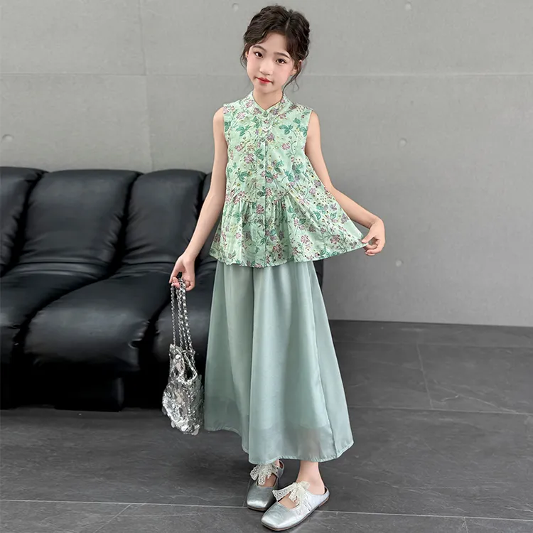 女童夏装套装6-12岁潮款汉服2025新款国风新中式无袖背心上衣裙裤