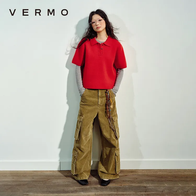 VERMO 别致肩部裁剪 复古有型羊毛POLO衫短袖针织毛衣9836